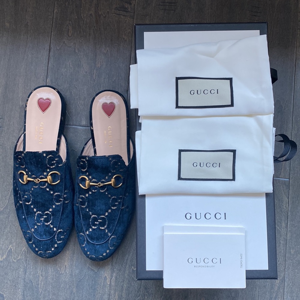 Gucci Velvet Blue Princetown Mules
